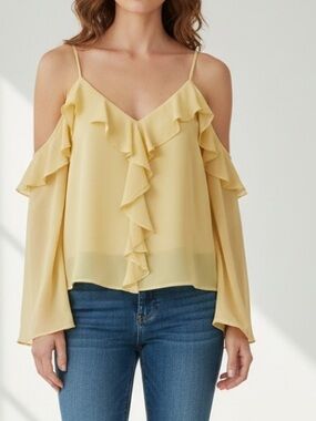Naked Zebra Pale Yellow Cold-Shoulder Ruffle V-Neck Blouse